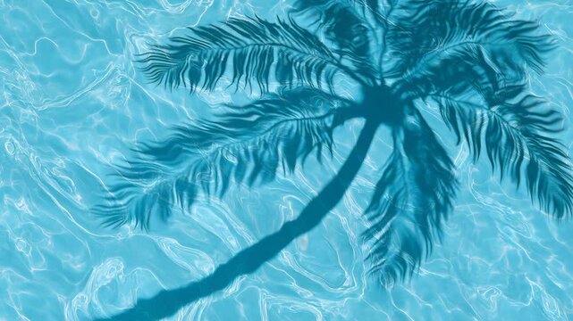 Shadows of palm trees on blue water create patterns on the surface in a sunny setting