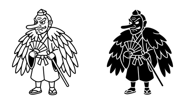 Tengu mask illustration: An illustration of a Japanese mythical creature, Tengu, known for its long nose and holding a fan, depicted in both outline and solid black forms.