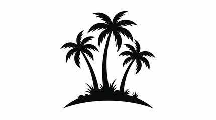Fototapeta premium Decorative black vector illustration of three tropical palm trees growing on a small island isolated on a clean white background