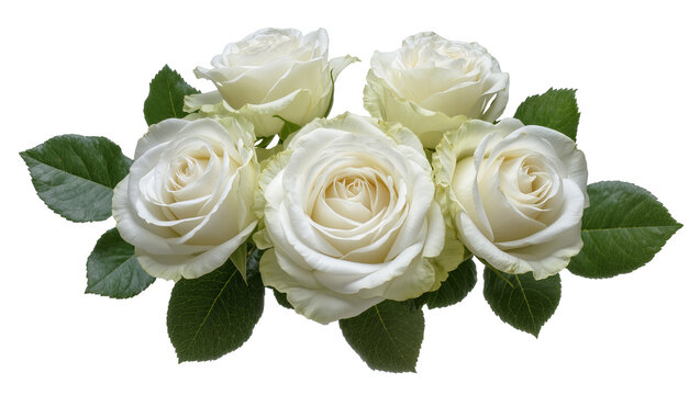 Bouquet of five white roses with green leaves