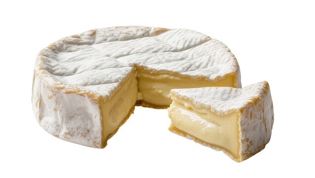 Whole Brie cheese with a slice cut out showing creamy interior