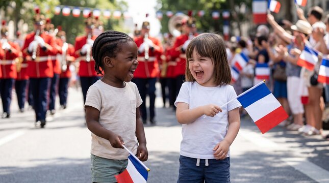 Diverse children laugh together holding French flags during Bastille Day parade for multicultural national holiday greeting cards and poster designs