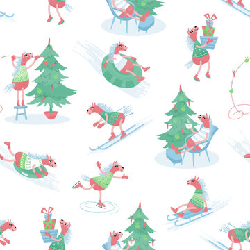 Seamless pattern with cute pink horses doing winter activities. Flat vector illustration for seasonal designs. Isolated on white background.