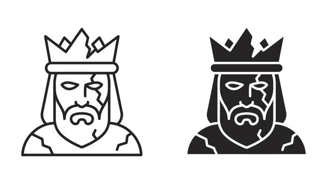 Coronation of Ruin: A king with a broken crown and cracked face, depicted in both outline and solid black, symbolizes fallen royalty and the erosion of power.