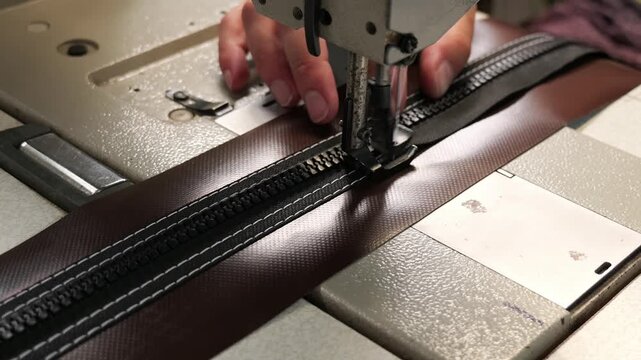 Seamstress hands sewing zipper on industrial sewing machine