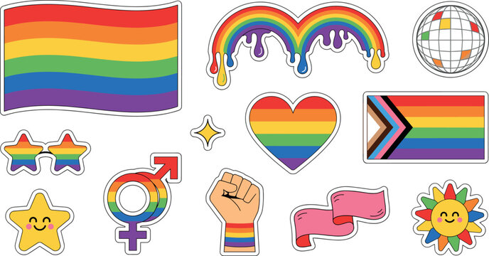LGBTQ Pride Month Sticker Set with Rainbow Flag Progress Flag Heart Melting Rainbow Disco Ball and Gender Symbol Vector IllustrationL