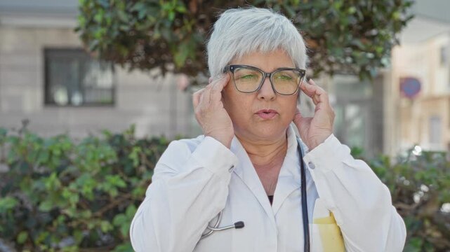 Woman doctor with short hoary hair adjusts glasses and holds temples, stethoscope and lab coat visible on street; concern resilience.