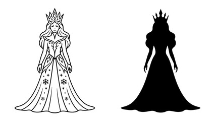 Queen Illustration: A regal queen, depicted in both a detailed outline and a bold silhouette, stands adorned in a majestic crown and an ornate gown, embodying royalty and elegance. © Ahsan