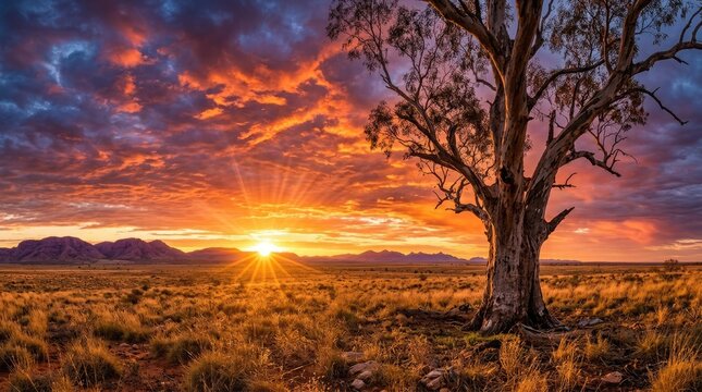Vibrant desert sunset with a lone tree in the australian outback