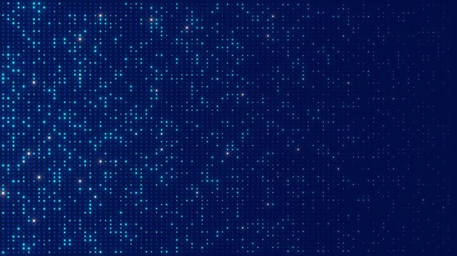 An abstract digital background features a dark blue gradient field adorned with a dynamic array of glowing blue square pixels. These vibrant data points create a modern, futuristic grid pattern that