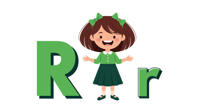 Happy young girl standing between uppercase and lowercase green letters R, teaching the alphabet to early learners.