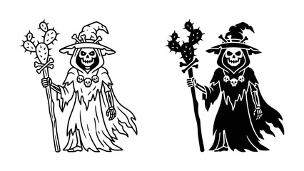 Obraz premium Grim Reaper Cactus Wizard: A stylized illustration depicts a skeletal figure dressed as a wizard with a witch's hat and tattered robe, holding a cactus staff adorned with skulls and crossbones.