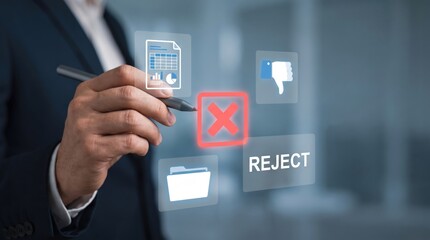 Obraz premium Corporate Data Audit Rejection: Business Compliance Review, Process Quality Control Metrics, Service Rating Evaluation, and Policy Enforcement Operation using Stylus with White Reject Sign Design
