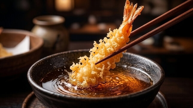 Premium Action Gastronomy: Macro Close-Up of Crispy Golden Ebi Tempura Dipped into Amber Tentsuyu Broth