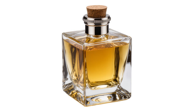 Square glass bottle with amber liquid and cork stopper