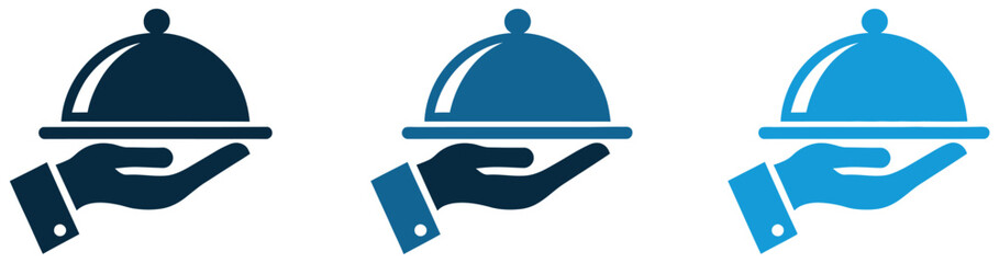 Fototapeta premium Waiter hand icons holding tray with service bell in blue colors for hospitality, restaurant and catering vector illustration
