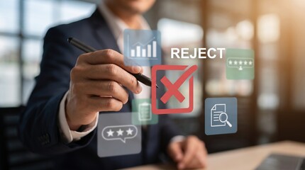 Obraz premium Corporate Data Audit Rejection: Business Compliance Review, Process Quality Control Metrics, Service Rating Evaluation, and Policy Enforcement Operation using Stylus with White Reject Sign Design