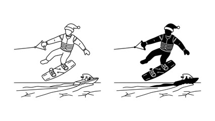 Kitesurfing Santa Claus Holiday Vector Art: Two illustrations of Santa Claus kitesurfing with a wakeboard and Santa hat. © Nadim