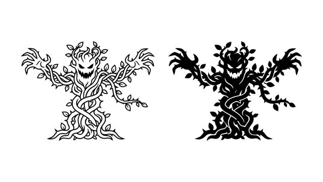 Scary Tree Monster Illustration: Two stylized illustrations of a menacing tree monster, one in black and white, the other in silhouette, featuring thorny branches and a sinister grin.