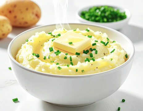 Creamy mashed potatoes with butter and chives in bowl. AI