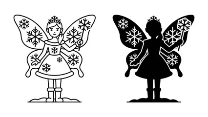 Winter Fairy Clipart: A charming winter fairy, adorned with snowflakes and a crown, stands with outstretched wand and butterfly wings, presented in both outline and silhouette form. © Joynob