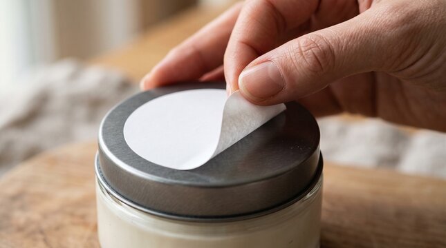 A hand peels a blank white sticker from a metallic lid on a jar, ready for custom branding or labeling.