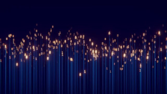 An abstract digital background features a vibrant upward stream of glowing binary code, comprising ones and zeros, emerging from vivid blue lines. This visual represents data transfer, modern