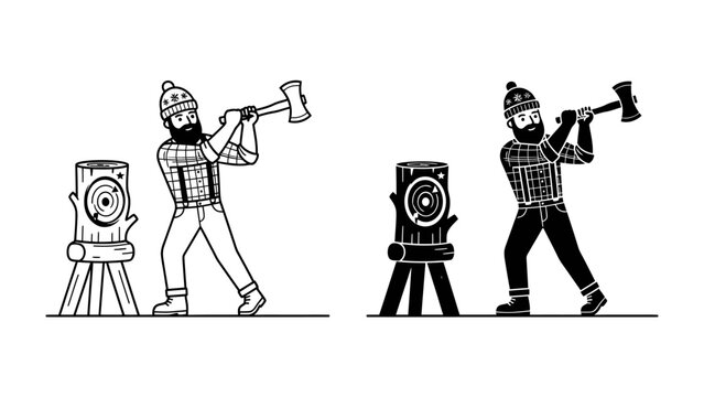 Lumberjack's Duty: A stylized illustration depicts a bearded lumberjack in plaid shirt and beanie, swinging an axe to chop wood, shown in both line art and silhouette.