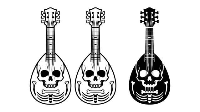 Skull Mandolin Duo with a Dark Melody: Three striking mandolins, each featuring a haunting skull and crossed bones inlay, stand as a unique musical ensemble.