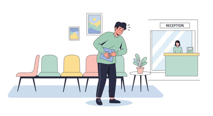 Fototapeta premium Patient Experiencing Abdominal Discomfort Waiting Patiently At Hospital Reception Area
