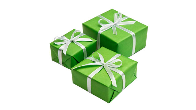 Group of small green gift boxes holiday package set isolated on a transparent background