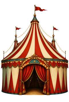 Vintage Red And White Striped Circus Big Top Tent With Open Curtain Entrance On Transparent Background
