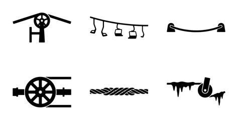 Industrial Pulley System Icons, Rope Elements, and Cable Car Graphics, Set of 6 Vector Illustrations for Mechanical and Transport Concepts © Momin