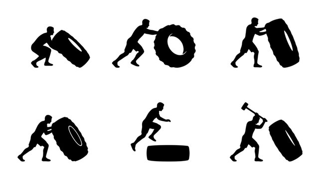 Fitness Training Silhouettes: Tire Flips, Jumps, and Hammer Swings for Strength and Conditioning Workouts, Vector Icons