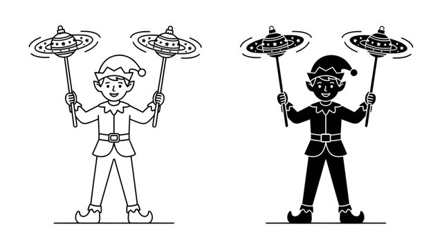 Elf Character Design: A cheerful cartoon elf character, depicted in both outline and silhouette, joyfully spins decorative plates atop long sticks, showcasing a festive and playful artistic concept.