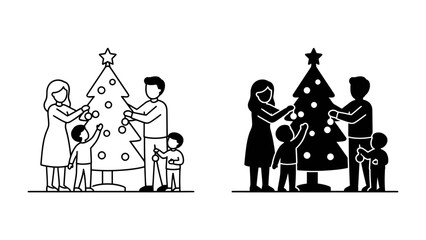 Obraz premium Christmas Tree Decoration: A heartwarming depiction of a family joyfully decorating a Christmas tree, spreading festive cheer and holiday spirit with ornaments and a star topper.