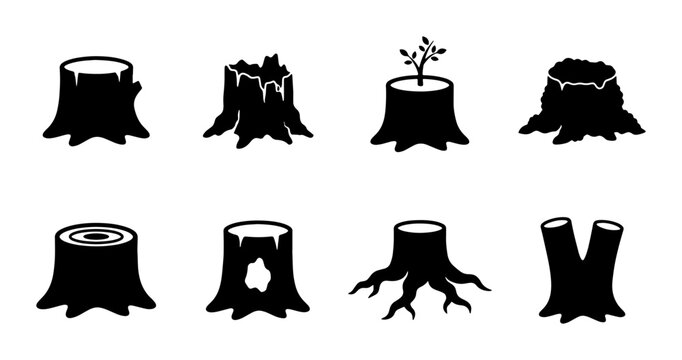 Diverse Tree Stump Icons, Forest Remnants Collection, Nature Elements Set, Woodland Cut Logs Vector Graphics