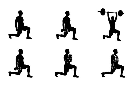Fitness Silhouette Set: Dynamic Lunge Exercises with Dumbbells and Barbell, Weight Vest Training, Strength Workout Icons for Health and Wellness Graphics