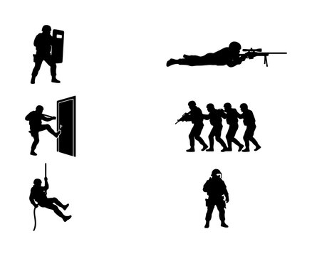 Special Forces Operatives, SWAT Team, Tactical Units, Military Action, Law Enforcement Silhouettes, Security Personnel, Combat Ready, 6 Vector Icons