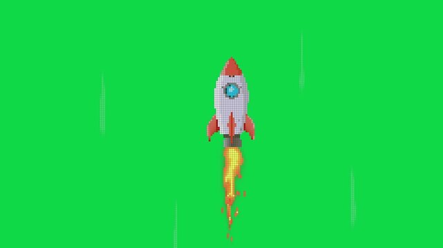 Animation Rocket pixeled launcher flaying from the ground and flaying in the sky with retro 8 bit video game style on greenscreen background suitable motion graphic and game asset, alpha cha