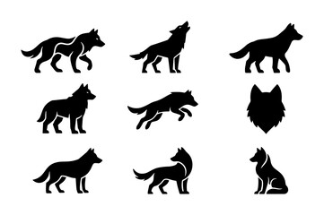 Obraz premium Wolf Silhouette Vector Icons Set, Wild Canine Animal Poses, Nature Wildlife Graphics, Hunting Predator Symbols, Tribal Spirit Art