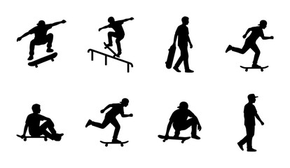 Skateboarder Silhouettes Collection, Action Poses Vector Set, Urban Street Sport Graphics, Dynamic Male Figures © Safa