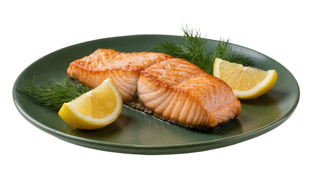 Two grilled salmon fillets with lemon wedges and dill on plate