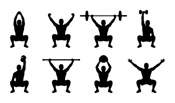Fitness Silhouette Icons: Weightlifting, Squatting, Dumbbell, Barbell, Kettlebell, Medicine Ball, Strength Training, Gym Workout Vector Set