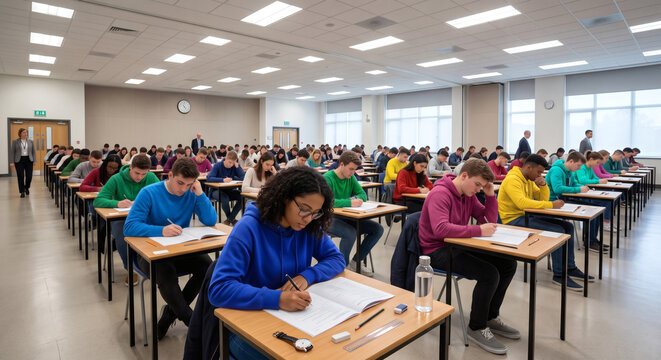 Students Taking Written Exam in Large School Examination Hall
