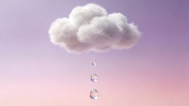 Three drops of pure water fall from the puffy cotton cloud on the pink purple gradient background, light and transparent cloud texture essence, gentle moisturizing, delicate and soft skin care
