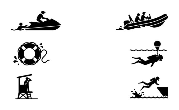 Water Safety Icons: Lifeguard, Jet Ski, Scuba Diver, Rescue Boat, Lifebuoy, Diving Board Vector Set