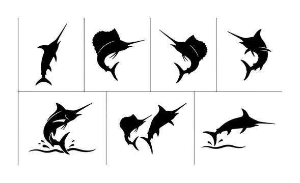 Black Marlin Silhouette Set, Ocean Wildlife Vector Icons, Sport Fishing Marine Life Graphics, Nautical Adventure Elements