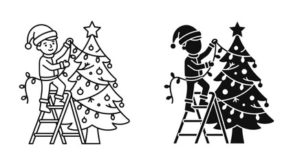 Christmas Tree Decoration: A cheerful child, wearing a Santa hat, stands on a ladder and decorates a Christmas tree with festive lights, spreading holiday cheer. © Md
