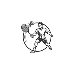 Fototapeta premium Badminton Player Mascot Logo with Racket and Shuttlecock, Modern Monochrome Sports Emblem Vector